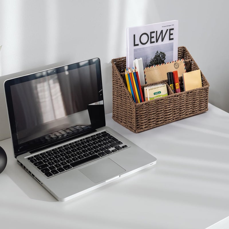 DINGTAI Woven Mail Organizer, Mail Organizer Countertop, Natural Tabletop Mail Holder, Rattan Desk Organizer, Boho Office Desk Accessories, Mail Basket for Bill Mail Papers Letters(Brown) - Image 3